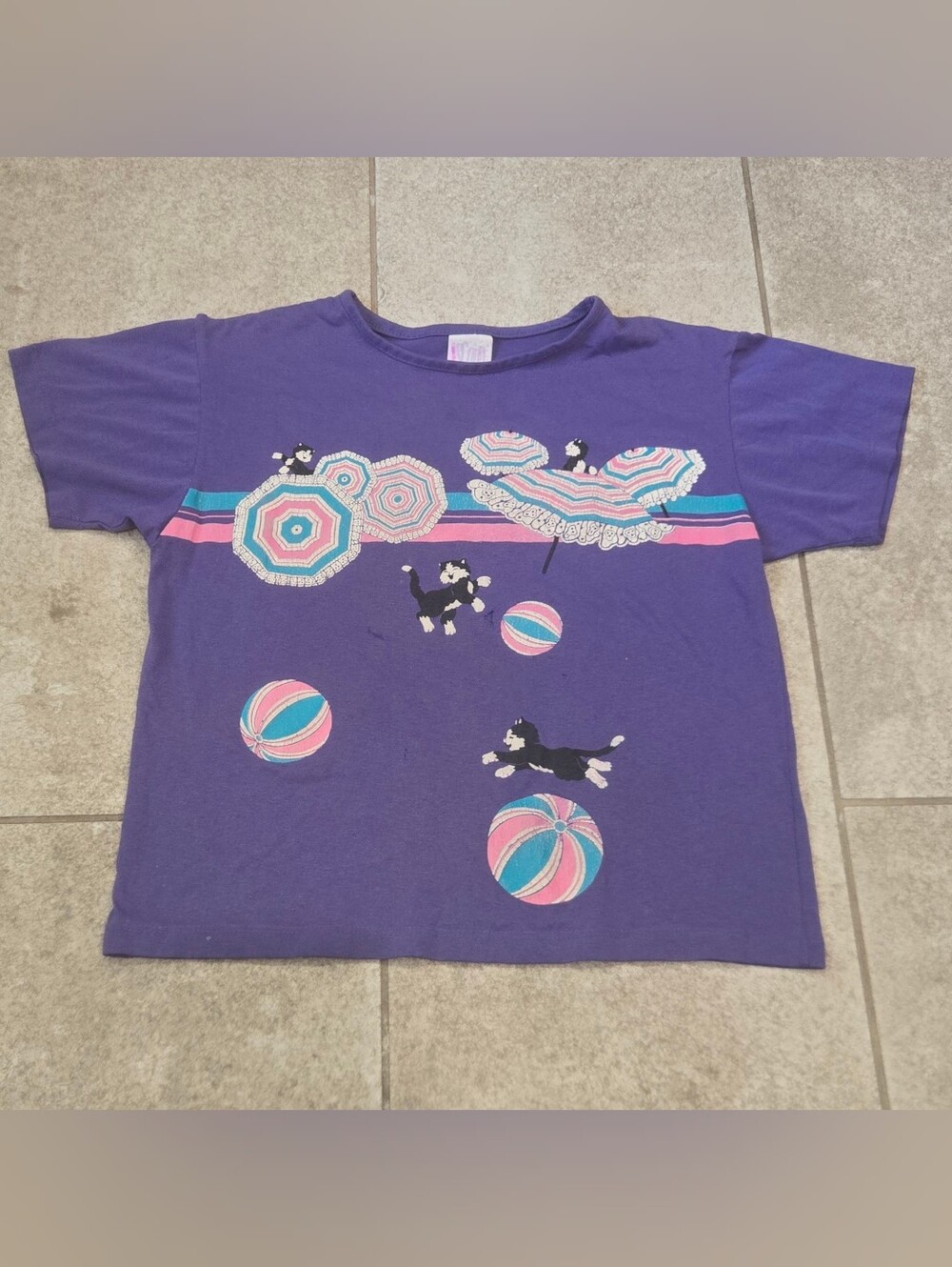Vtg 1990s Spumoni Franko Cat Beach Umbrella Puff Paint Graphic Tee *Distressed